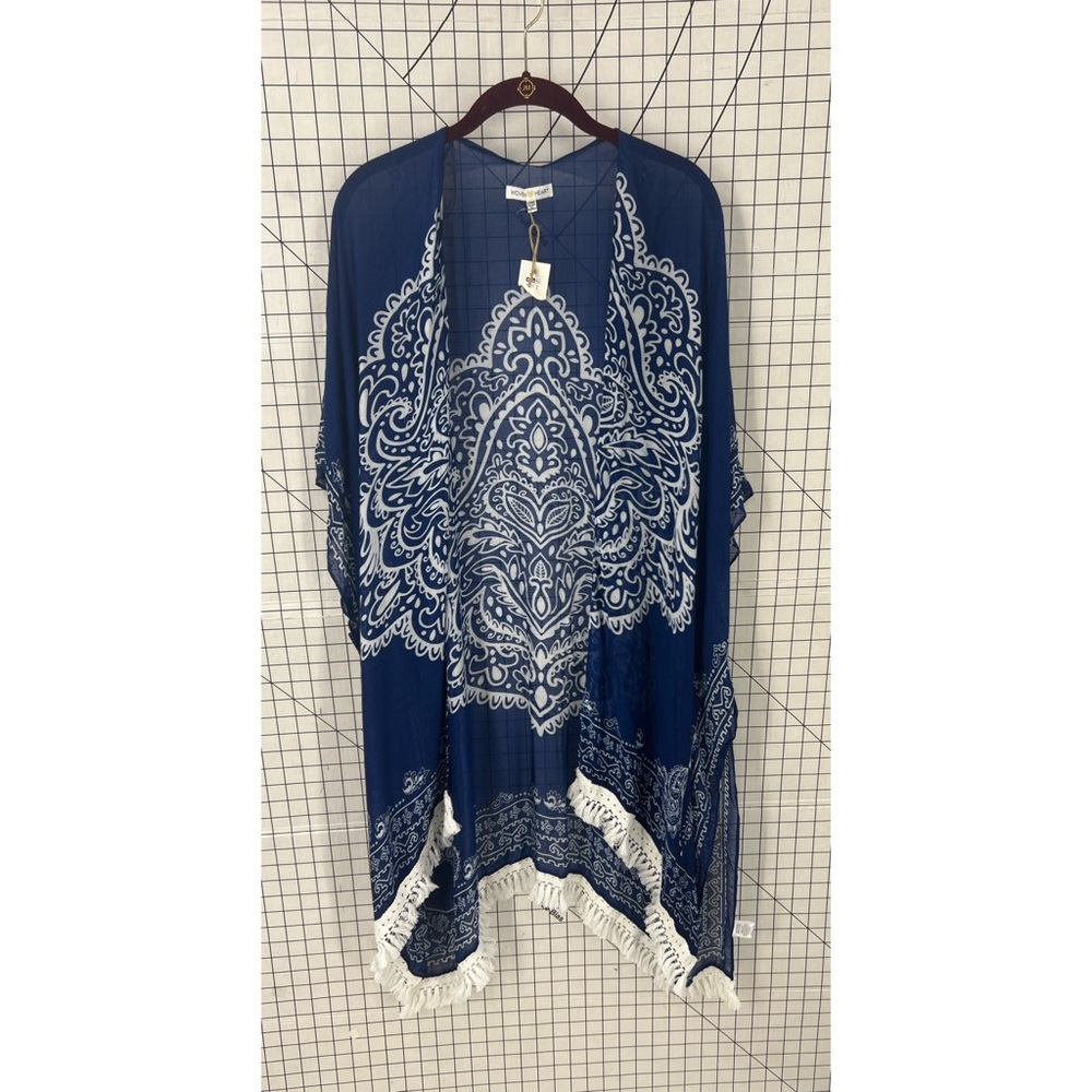 Woven heart long open front sheer kimono with fringe OS